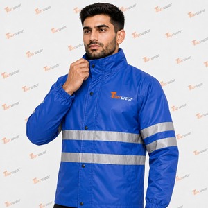 <b>Men's</b> Blue Waterproof Workwear High Visibility <b>Jacket</b> with Hood <b>Reflective</b> Strips for <b>men</b> - Product Image 4
