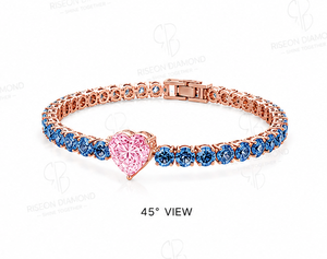 Exquisite tennis <b>bracelet</b> in 18K rose gold with vivid royal blue diamonds and pink heart center stone precision set brilliance - Product Image 4