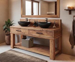 Meuble de salle de bain moderne en bois massif avec double vasque, étagère de rangement spacieuse et comptoir de qualité supérieure pour maison de luxe - Product Image 2