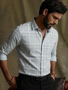 Men's Light Blue Plaid Cotton Dress Shirt Full Sleeve Turn-<b>down</b> Collar Smart Casual Breathable Woven Cotton Spring Style - Product Image 1