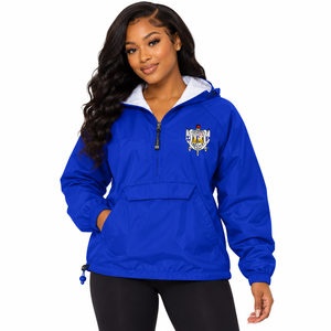 Royal Blue <b>Women</b> Hooded Anorak <b>Windbreaker</b> <b>Jacket</b> Half Zip Pullover Embroidered Crest Lightweight Outdoor <b>Jacket</b> with Front - Product Image 1