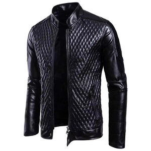 Chaqueta de Moto para Hombre de Cuero Genuino Transpirable, Cuello Alto, Acolchada, Cierre de Cremallera Frontal, Corte Ajustado, Largo Regular, Color Negro Sólido, Estilo Urbano - Product Image 1