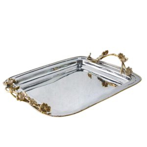 Fabulous Design Home Decorative Food Serving Silver Metal <b>Tray</b> With Gold Floral Handle Perfect For Serving <b>Snacks</b> And Desserts - Product Image 1
