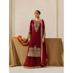 Conjunto de Traje de Fiesta para Mujer en Chifón Color Granate con Bordado de Lentejuelas, Talla M, Marca SSR, Diseño Elegante - Product Image 5