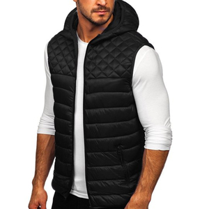 <b>Men's</b> <b>Black</b> Hooded Quilted <b>Vest</b> Windproof Casual Outerwear Polyester Wadding Zipper Closure Solid Color Regular Length - Product Image 1