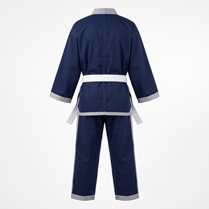 Uniforme de Taekwondo bleu marine unisexe, vêtements d'arts martiaux respirants avec bordure grise et logo - Product Image 2