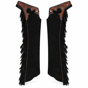 Guêtres complètes en cuir noir style western avec franges |   Chaps d'équitation à motifs floraux pour l'entraînement, la compétition et le quotidien - Product Image 1