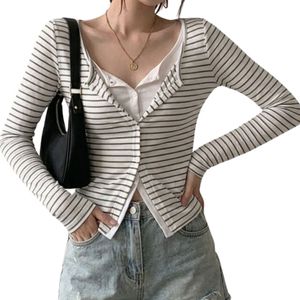 Compre un cárdigan a rayas de alta calidad para mujer, de manga larga, tejido acanalado, ajustado, informal, con botones. - Product Image 5