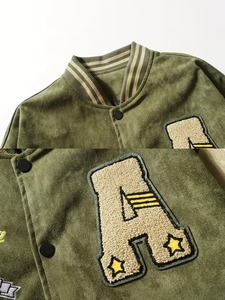 OEM Premium Quality 100% Cotton <b>Men's</b> Olive Green <b>Suede</b> Varsity <b>Jacket</b> Embroidered Letter A Patch Design Streetwear Regular Fit - Product Image 2