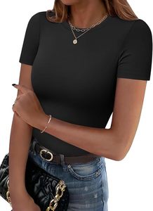 Haut court à col rond noir pour femme, manches courtes, coupe ajustée, tricoté en coton, couleur unie, respirant, printemps-été - Product Image 4