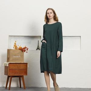 Vestido maxi de lino y algodón verde de lujo, liso, con cuello en V, corte holgado, manga larga, informal, de verano, para mujer. - Product Image 5