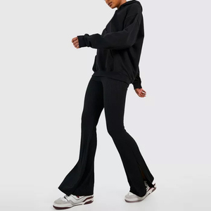 Ensemble sweat à capuche et pantalon évasé en molleton de coton noir pour femme, couleur unie, coupe ample, longueur intégrale, tenue décontractée pour l'automne - Product Image 3