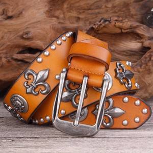 Ceinture en cuir véritable pleine fleur pour homme, style cowboy, avec rivets métalliques, modèle OEM 2026, pour jeans, style punk - Product Image 3