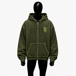 Sudadera con capucha gótica Olive con cremallera, costuras en contraste, estilo oversize, streetwear, logo bordado, unisex, personalizada, moda punk, en oferta - Product Image 1