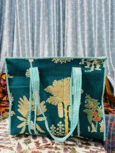 Teal Handmade Quilted Cotton <b>Boho</b> Tote Women Large Nature Print Drawstring Closure Shoulder Carry <b>Bag</b> for Wholesale Supplier - Product Image 4
