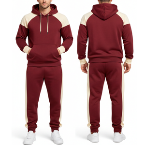ชุดวอร์มผู้ชายสีแดงอมน้ำตาลและครีมยอดนิยม – เสื้อฮู้ดแขนราแกลนพร้อมขอบแขนเสื้อแบบตัดกัน กางเกงเข้าชุด ชุดกีฬาสองชิ้น - Product Image 3