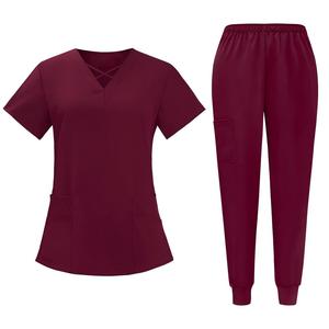 Ensemble de blouses médicales pour femmes, haut à col en V à manches courtes et pantalon de jogging, noir, en polyester tricoté, uniformes d'hôpital pour infirmières, cliniques, spas, vêtements de travail - Product Image 3