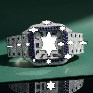Nouvelle conception, montre mécanique de luxe faite à la main en acier inoxydable, boîtier carré, verre saphir, analogique, fermoir à bouton-poussoir, moissanite bleue - Product Image 4