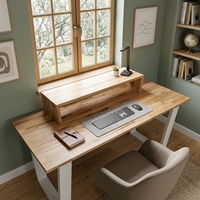 Bureau d'ordinateur moderne en bois massif avec support d'écran surélevé, étagère et cadre en métal blanc en U, table d'écriture ergonomique pour l'étude
