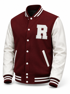 Veste universitaire unisexe marron avec manches en cuir blanc, patchwork brodé lettre R, style streetwear, col rabattu, hiver - Product Image 1
