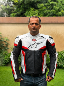 Blouson en cuir pour homme, style motard, coloris blanc, noir et rouge, fermeture éclair, respirant - Product Image 2