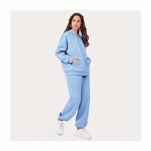 Women Pink Hooded Tracksuit Cotton Fleece Loose Fit Solid Color Casual <b>Jogger</b> <b>Set</b> With Side Pockets Autumn Wear - Product Image 3