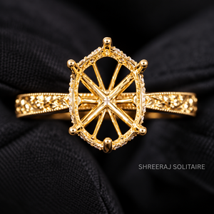 Monture de bague de fiançailles semi-montée personnalisée pour diamant ovale, en or jaune massif 14K 18K, gravée motif floral vintage, avec halo dissimulé, bijoux - Product Image 1