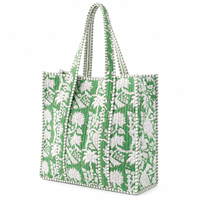 Tas Tote Wanita Hijau Bordir Bunga Vintage Berlapis Kapas Lembut dengan Tali Bahu untuk Perjalanan, Penggunaan Sehari-hari & Pantai