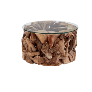 Table basse rustique en bois de teck rond fait main ARTERRA Premium avec plateau en verre pour salon - Product Image 2