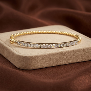 <b>Solid</b> 18k Two Tone <b>Gold</b> Natural Genuine Brilliant Cut Diamond Half Eternity Pave Beaded <b>Bangle</b> Hinged Clasp Chic Everyday Luxury - Product Image 1