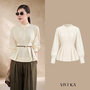 Blusa Corta Elegante para Mujer con Cuello Mandarín y Pliegues, Estilo Peplum, Informal para Oficina, Algodón y Seda, OEM ODM, Teñido Liso, IRENE - Product Image 1