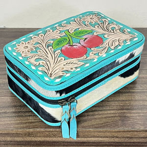 Wholesale Price Portable Hand Tooled Leather <b>Makeup</b> Box Travel Cosmetic <b>Case</b> Cherry Design Genuine Cowhide Leather Jewelry Box - Product Image 4