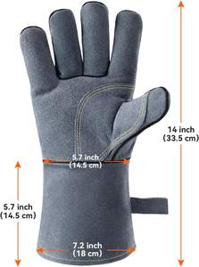 Heat Resistant Leather <b>Gloves</b> - Flame Retardant Welding Forge BBQ Grill <b>Gloves</b> with Insulated Lining, Gray - Product Image 3