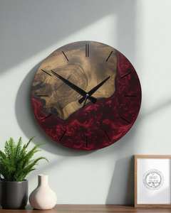 Luxury Deep Red Epoxy Resin Burl Wood Wall Clock Live Edge Olive Wood Round Silent Hanging Watch for Living Room Wall Art - Product Image 4