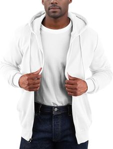 <b>Men's</b> <b>White</b> Hooded Zipper <b>Sweatshirt</b> 100% Cotton Fleece Regular Fit Solid Color Casual Spring Wear High Quality Long Print Front - Product Image 4
