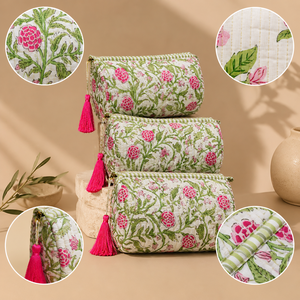 Quilted Cotton Zipper Cosmetic Bag Floral Block Print Bohemian Eco-Friendly <b>Makeup</b> Pouch Travel Organizer for <b>Case</b> Tassel - Product Image 5
