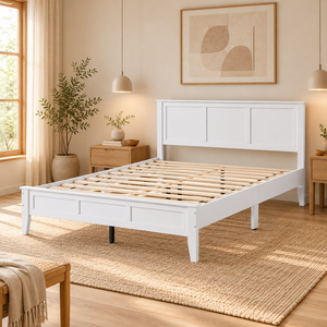 Cadre de lit plateforme Queen en MDF blanc, mobilier de chambre moderne avec 12 lattes de support, finition peinte écologique, vente en gros pour le commerce - Product Image 1
