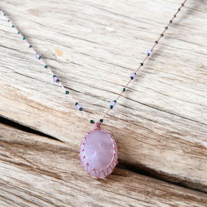 Adjustable Macrame Necklace Rose Quartz Gemstone Pink <b>Beaded</b> Cord Handmade Boho Bohemian Healing Crystal Jewelry for Women - Product Image 1