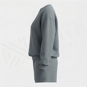 Conjunto de 2 Piezas para Mujer, Sudadera y Pantalones Cortos de Punto, Cuello Redondo, Color Sólido, Corte Holgado, Estilo Casual, Largo por Encima de la Rodilla, 100% Algodón - Product Image 3