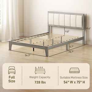 Letto a piattaforma grigio matrimoniale con telaio in legno e doghe, facile da montare, non richiede rete a molle, con testiera - Product Image 3