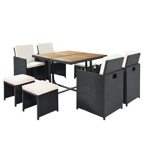 Set da Pranzo da Esterno in Rattan PE Resistente alle Intemperie con Piano in Legno, 8 Posti, Rattan Nero + Cuscini Beige, Set da Giardino 9 Pezzi - Product Image 4