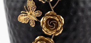 Luxury matte black floor <b>vase</b> <b>small</b> with hammered gold rim and intricate floral vine detailing. Premium home decor centerpiece - Product Image 2