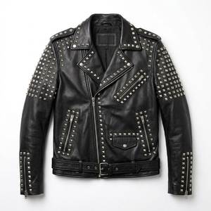 Men's Black Cowhide <b>Leather</b> Biker <b>Jacket</b> Rivet Studs Zipper Closure O-Neck Casual Waterproof Windproof <b>Winter</b> - Product Image 1