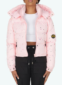 Veste matelassée à capuche avec motif à pois, fermeture éclair, manteau d'hiver court, style décontracté, rembourrage en polyester, veste épaisse et chaude - Product Image 6