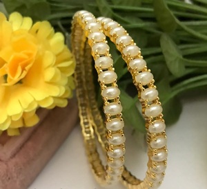 Radiant Premium Quality Ethnic Brass <b>Gold</b> Plated Moissanite and Real Pearls Two <b>Set</b> <b>Bangles</b> for Wedding/Functions Wear Women - Product Image 2