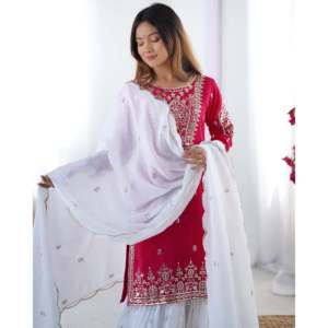 Designer Women's Party Wear Set <b>Top</b>-Plazzo and Dupatta with Embroidery Work - Product Image 5