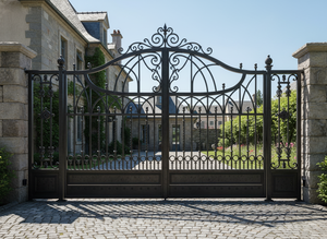 Portails doubles traditionnels en fer forgé avec motifs floraux complexes, style européen, à ouverture battante, thermolaqués pour usage extérieur en villa - Product Image 2