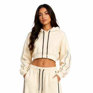 Conjunto de Sudadera Corta Beige y Pantalones Anchos de Felpa, Color Sólido, Felpa Gruesa, Atuendo Otoñal, Detalles de Ribete a la Moda, Estilo Y2K - Product Image 4