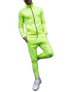Conjunto Deportivo para Hombre en Verde Neón, Chaqueta con Cierre Completo y Cuello Alto, Corte Deportivo, Ligero, Spandex y Poliéster, Color Sólido, Bolsillos Laterales, Ropa Casual - Product Image 3
