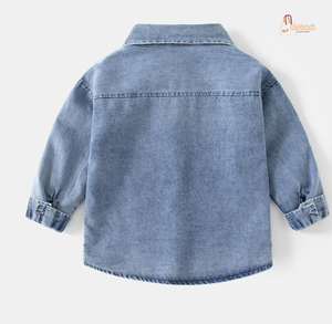 เสื้อเชิ้ตเดนิมแขนยาวสำหรับเด็กผู้ชาย สีพื้น ปกคอพับ มีกระเป๋า ผ้าฝ้ายฟอก ทรงปกติ - Product Image 2